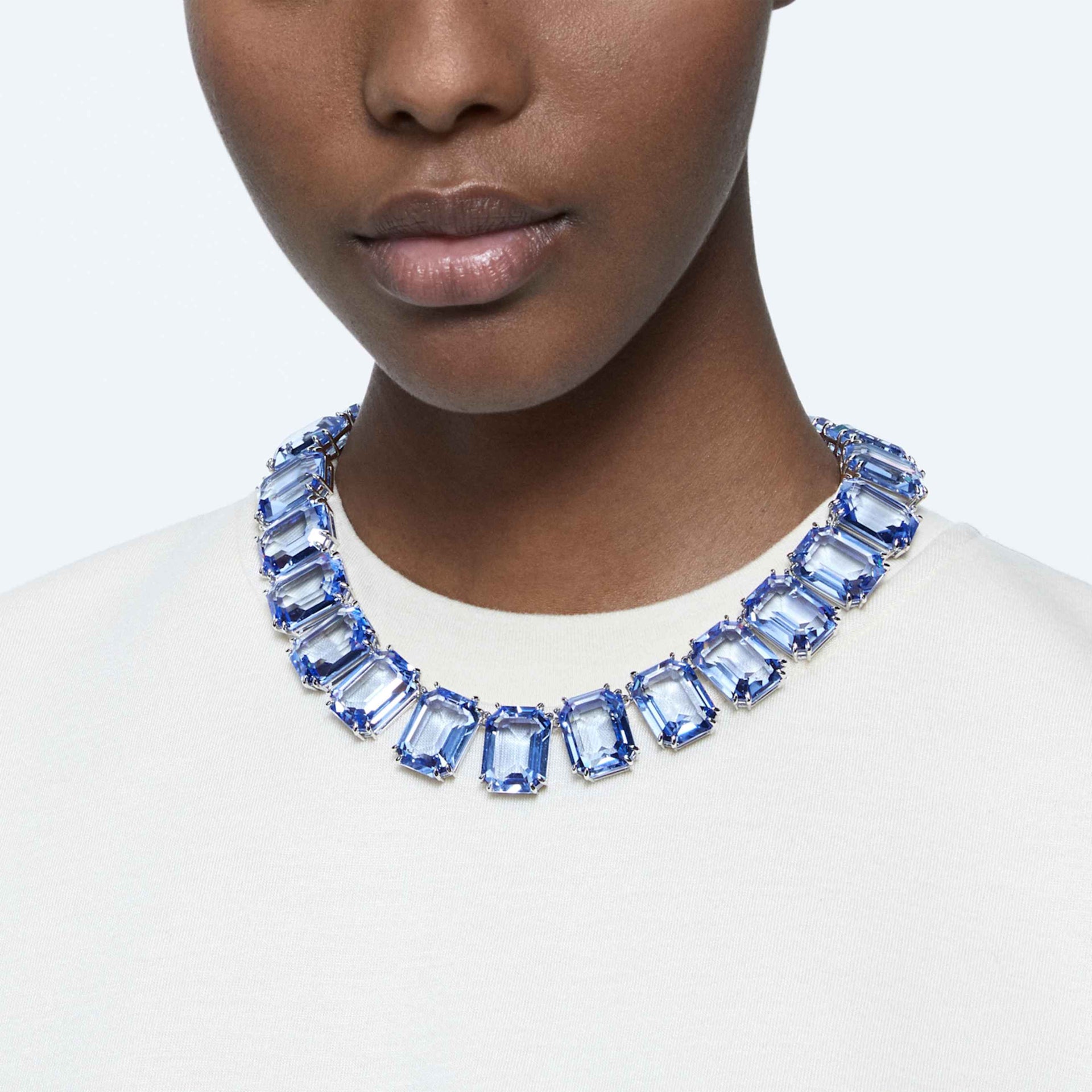 MILLENIA NECKLACE OVERSIZED CRYSTALS OCTAGON CUT BLUE RHODIUM PLATED