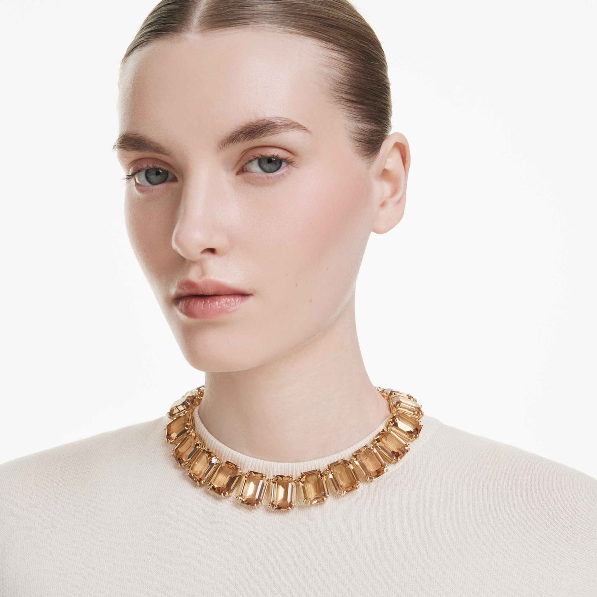 MILLENIA NECKLACE OVERSIZED CRYSTALS OCTAGON CUT CARAMEL GOLD TONE PLATED