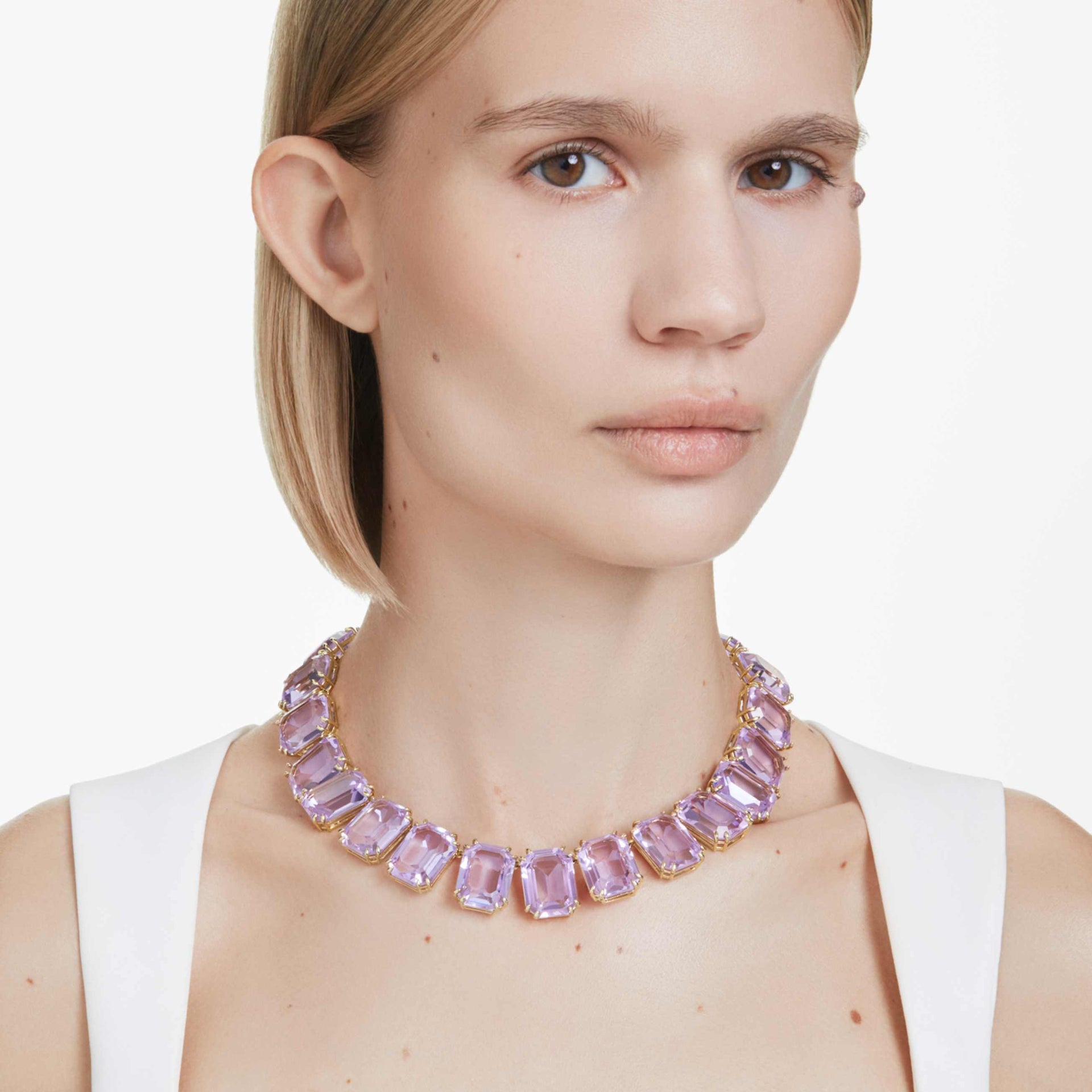 MILLENIA NECKLACE OVERSIZED CRYSTALS OCTAGON CUT PURPLE GOLD TONE PLATED