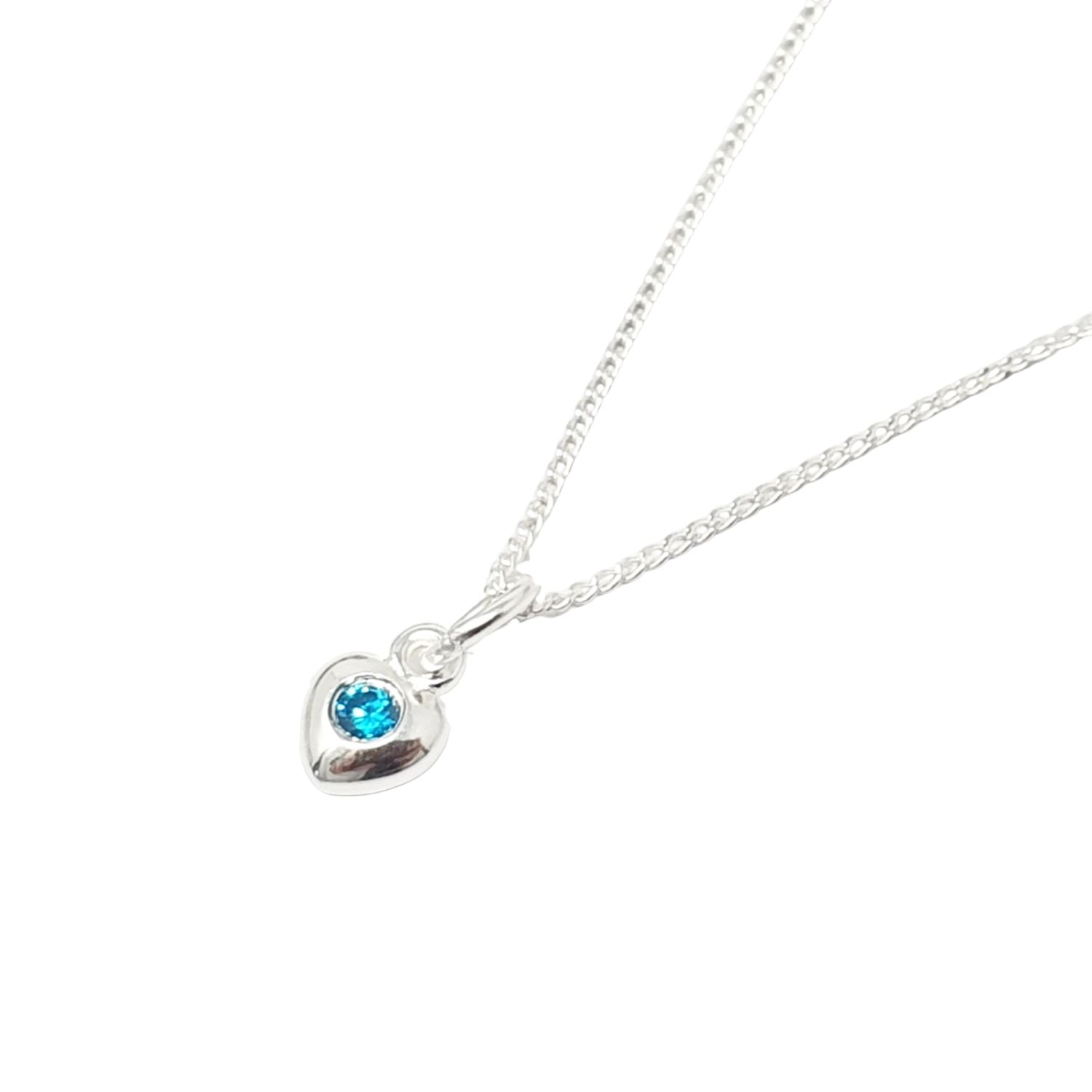 Mini Aquamarine March Birthstone Heart Silver Necklace