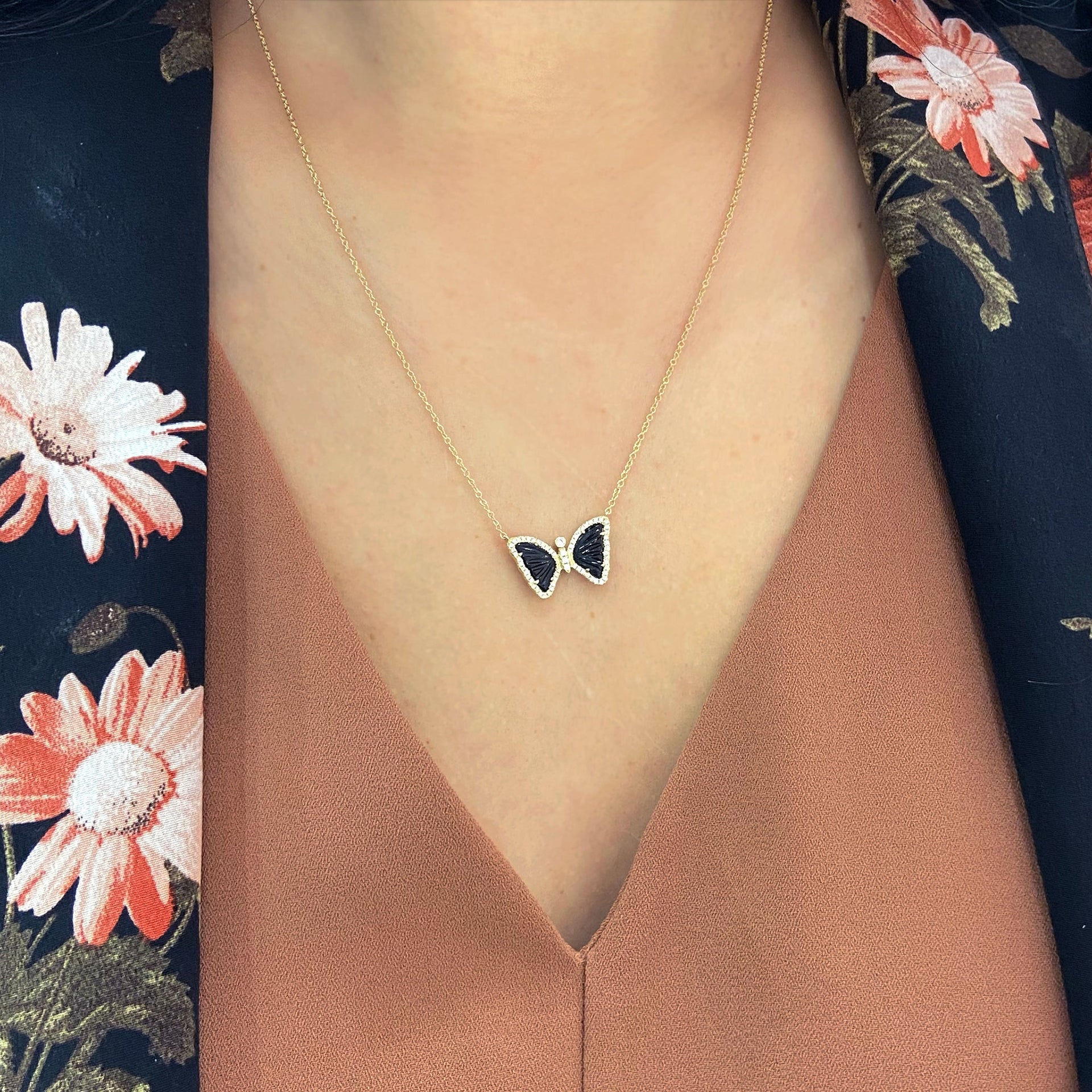 Mini Black Onyx Butterfly Necklace With Diamonds