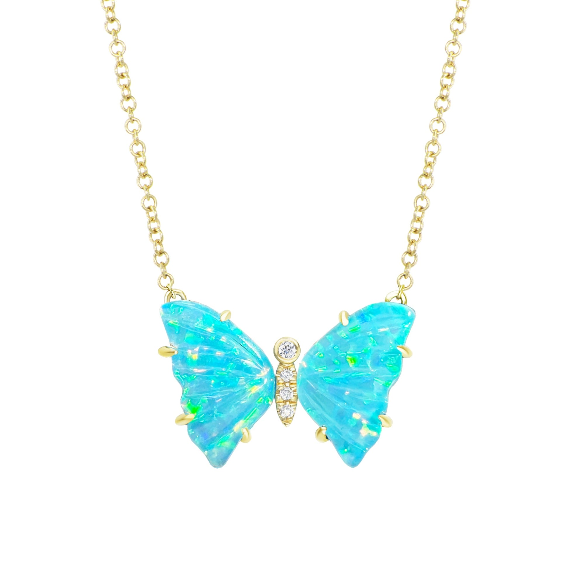 Mini Butterfly Necklace With Diamonds & Prongs In Turquoise Opal