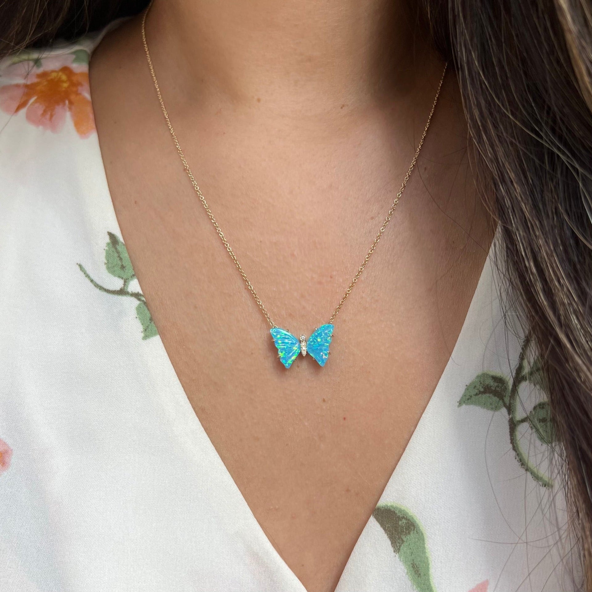 Mini Butterfly Necklace With Diamonds & Prongs In Turquoise Opal