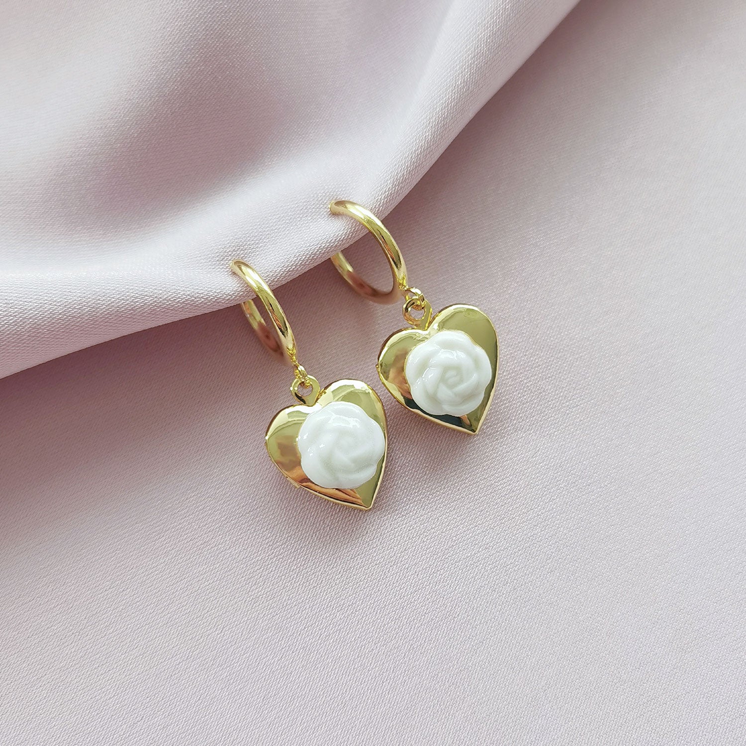 Mini Camellia Heart Locket Clip-On Earrings