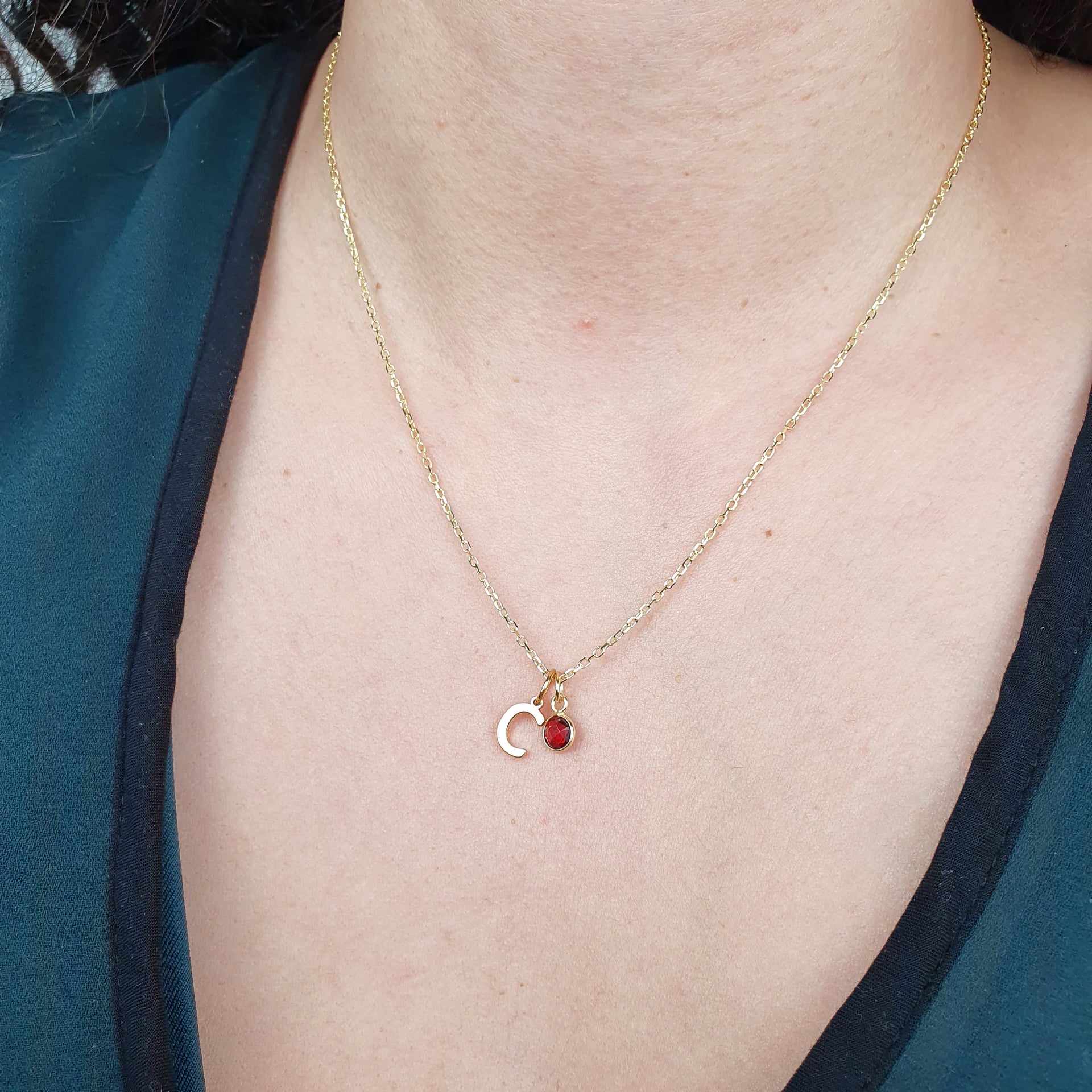 Mini Garnet January Birthstone Gem And Initial Gold Plated Necklace