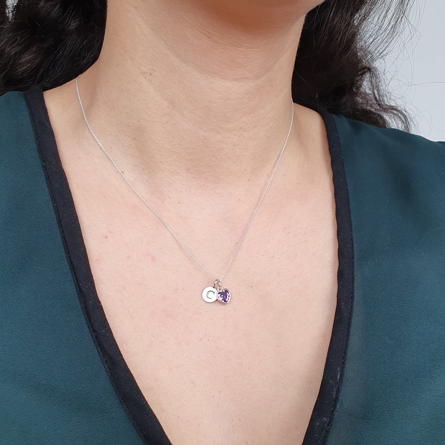 Mini Initial And Heart Amethyst February Birthstone Charm Silver Necklace