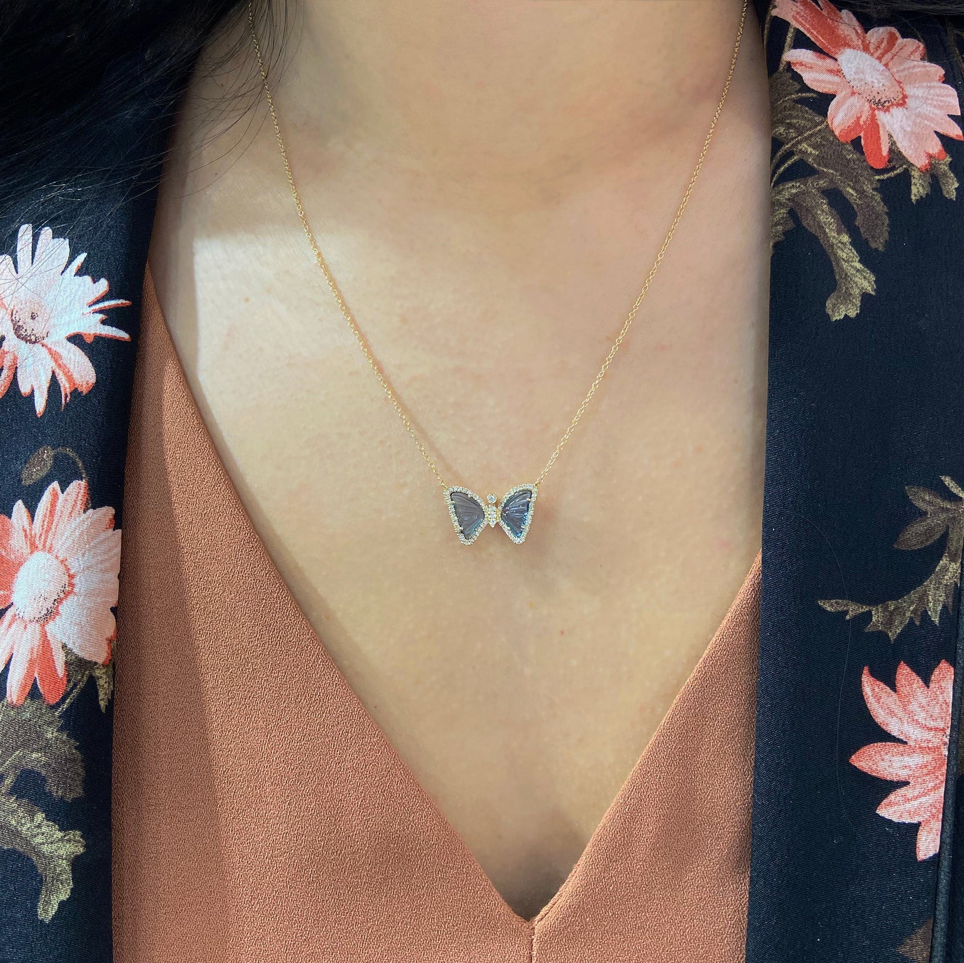 Mini London Blue Topaz Butterfly Necklace With Diamonds