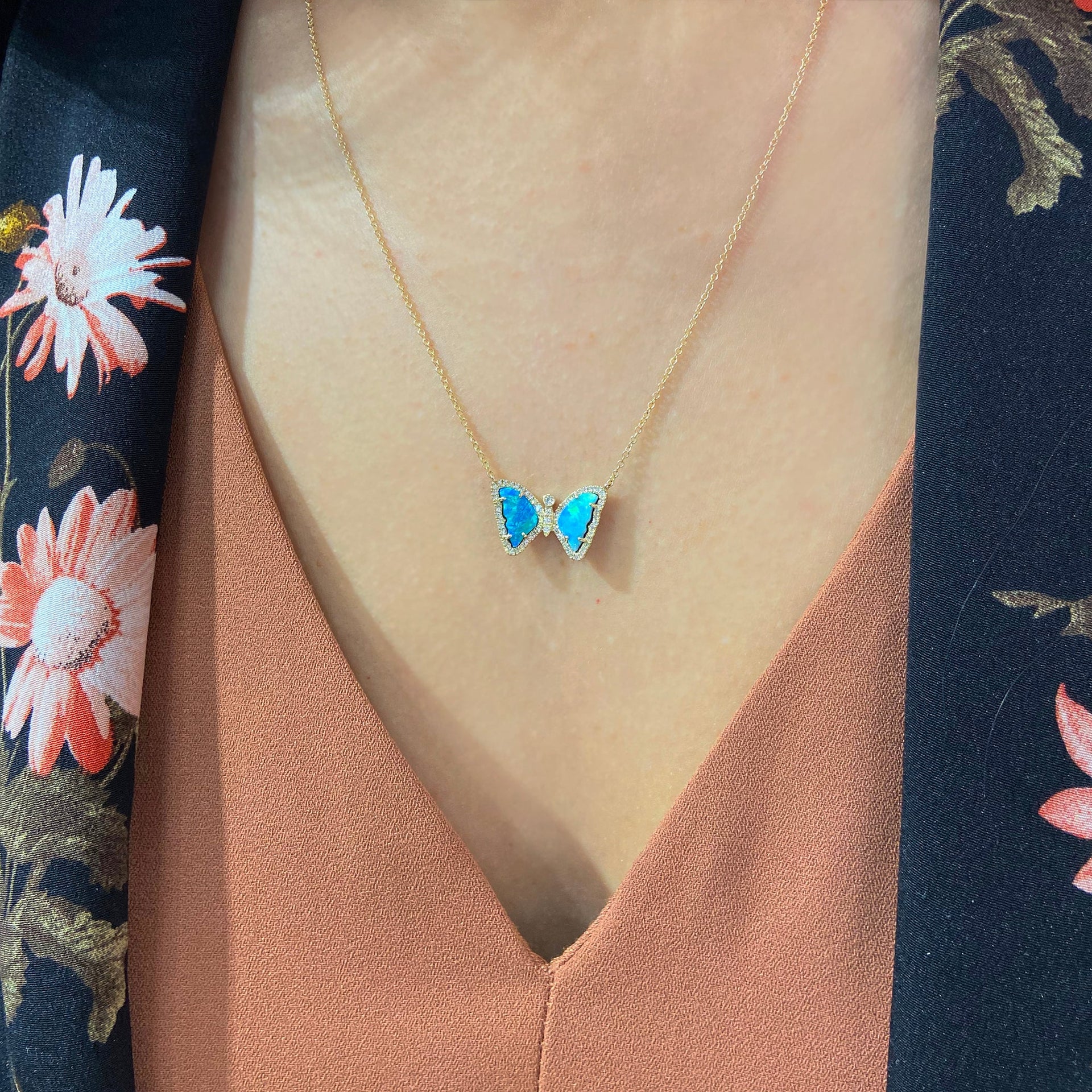 Mini Opal Butterfly Necklace With Diamonds