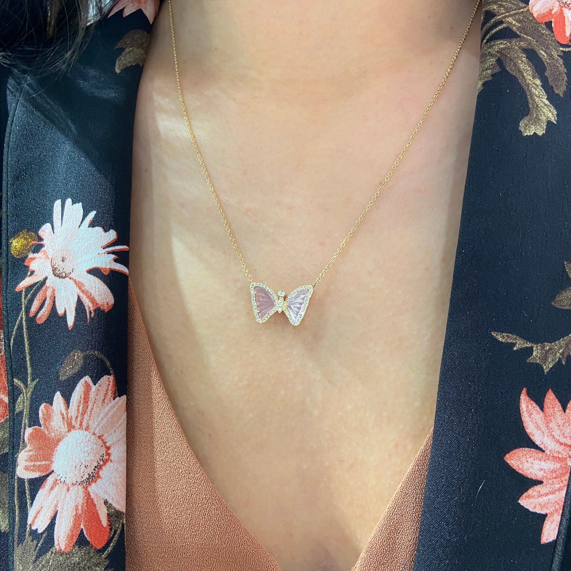 Mini Pink Amethyst Butterfly Necklace With Diamonds
