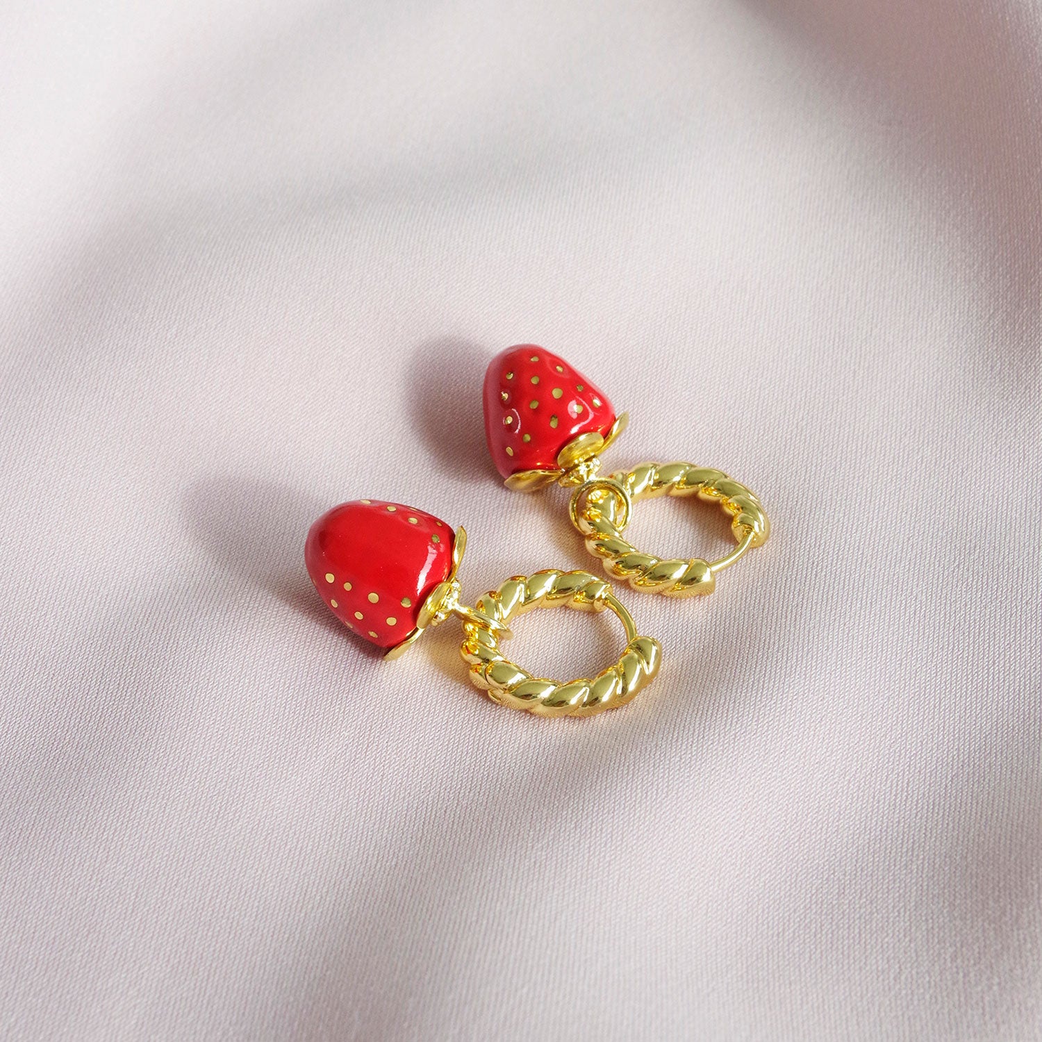 Mini Red Porcelain Strawberry Hoop Earrings