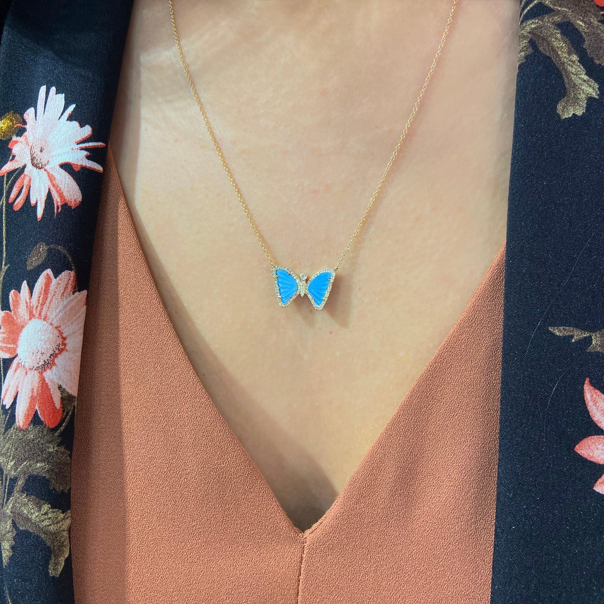 Mini Turquoise Butterfly Necklace With Diamonds