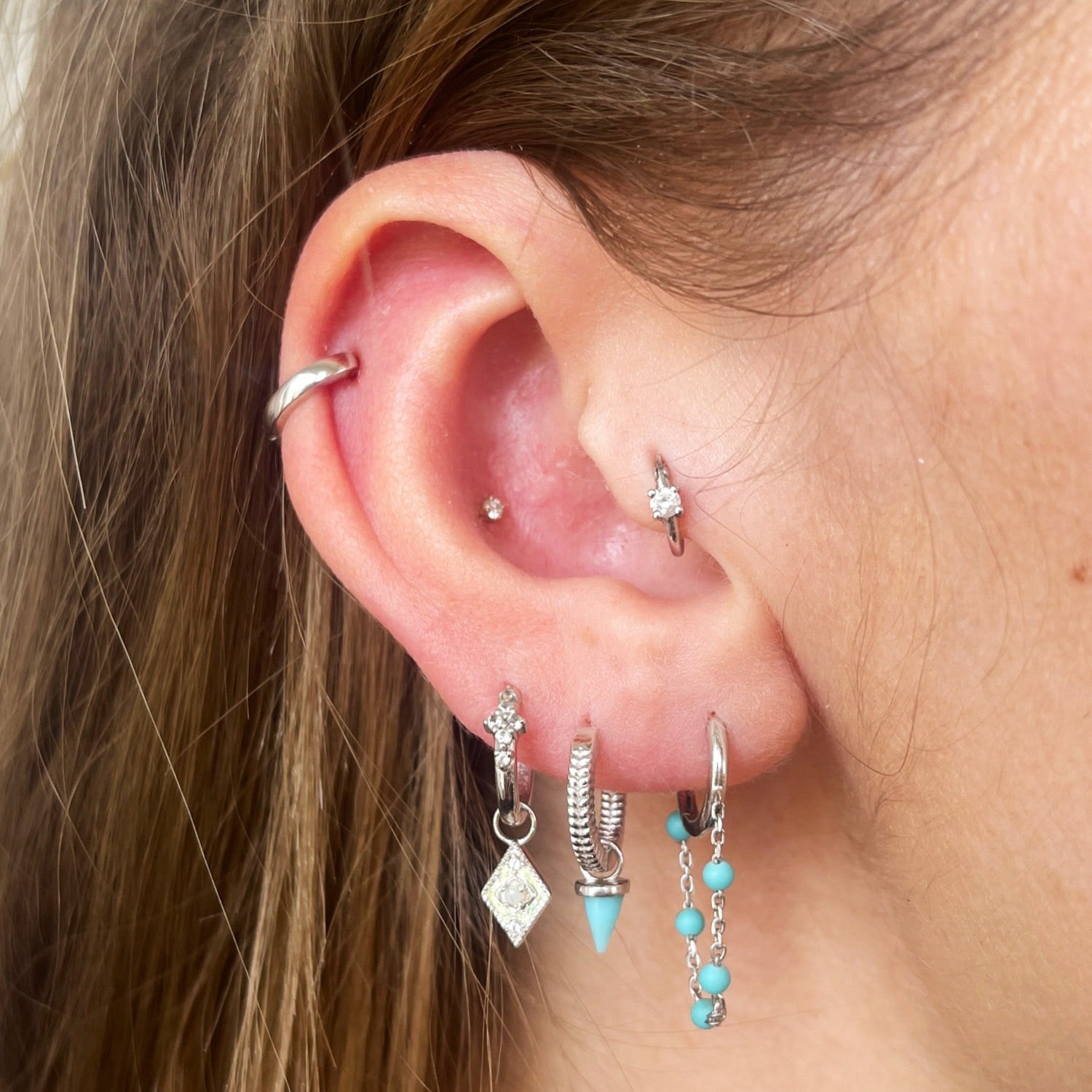 Mini Turquoise Spike Hoop Earrings Sterling Silver