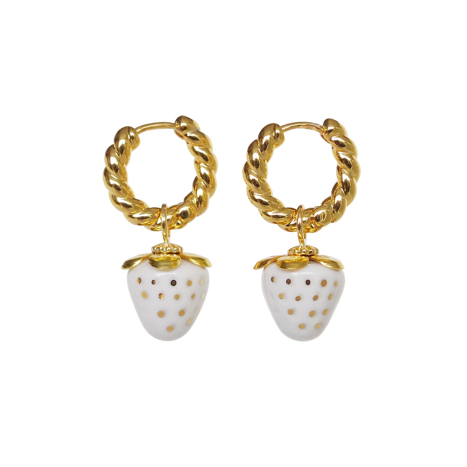 Mini White Porcelain Strawberry Hoop Earrings
