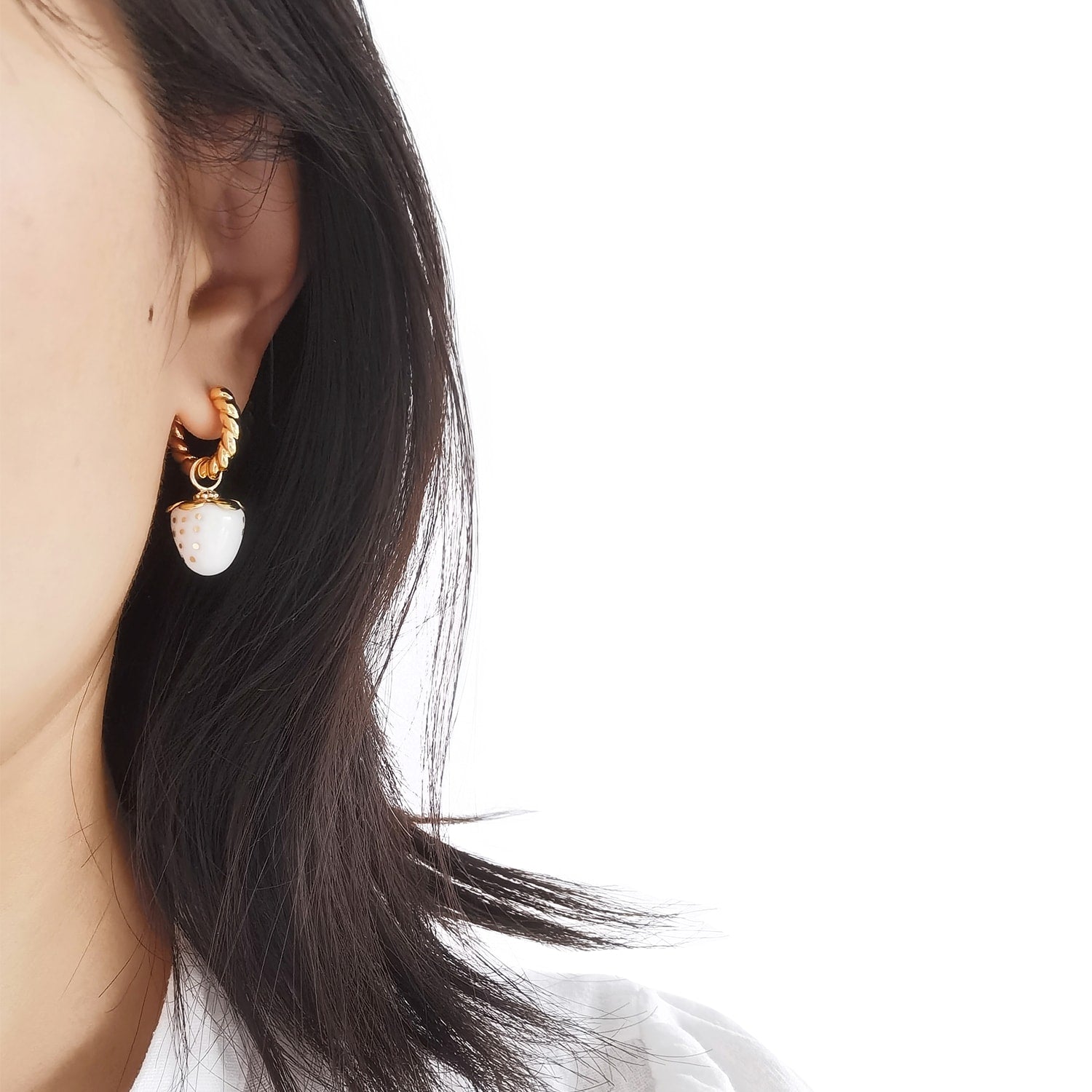 Mini White Porcelain Strawberry Hoop Earrings