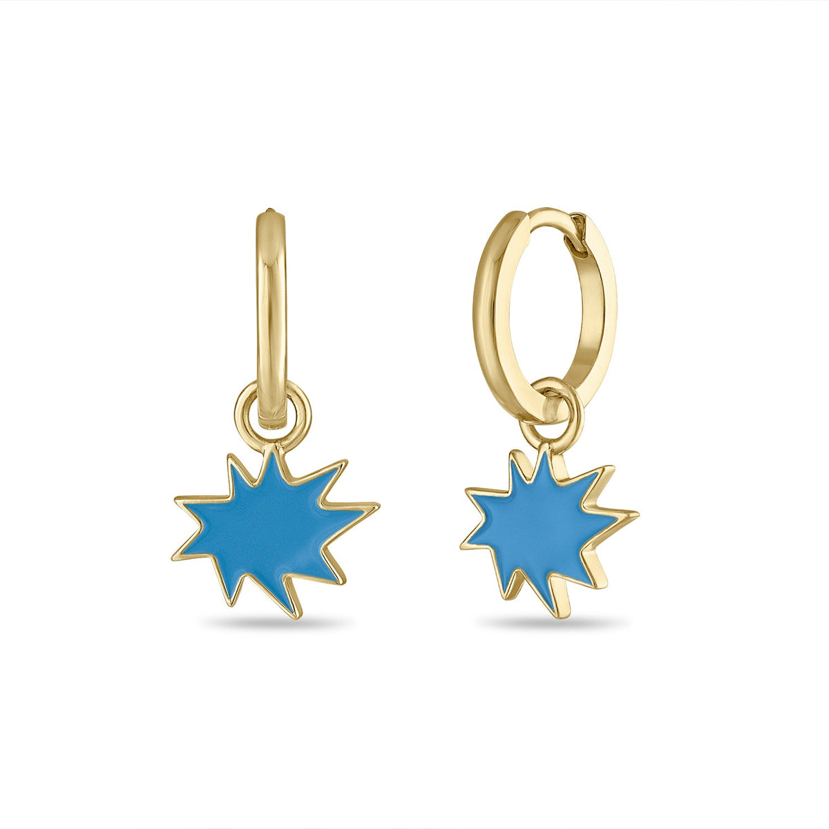 Gold Mini KAPOW! Enamel Charms on Huggies in Blue