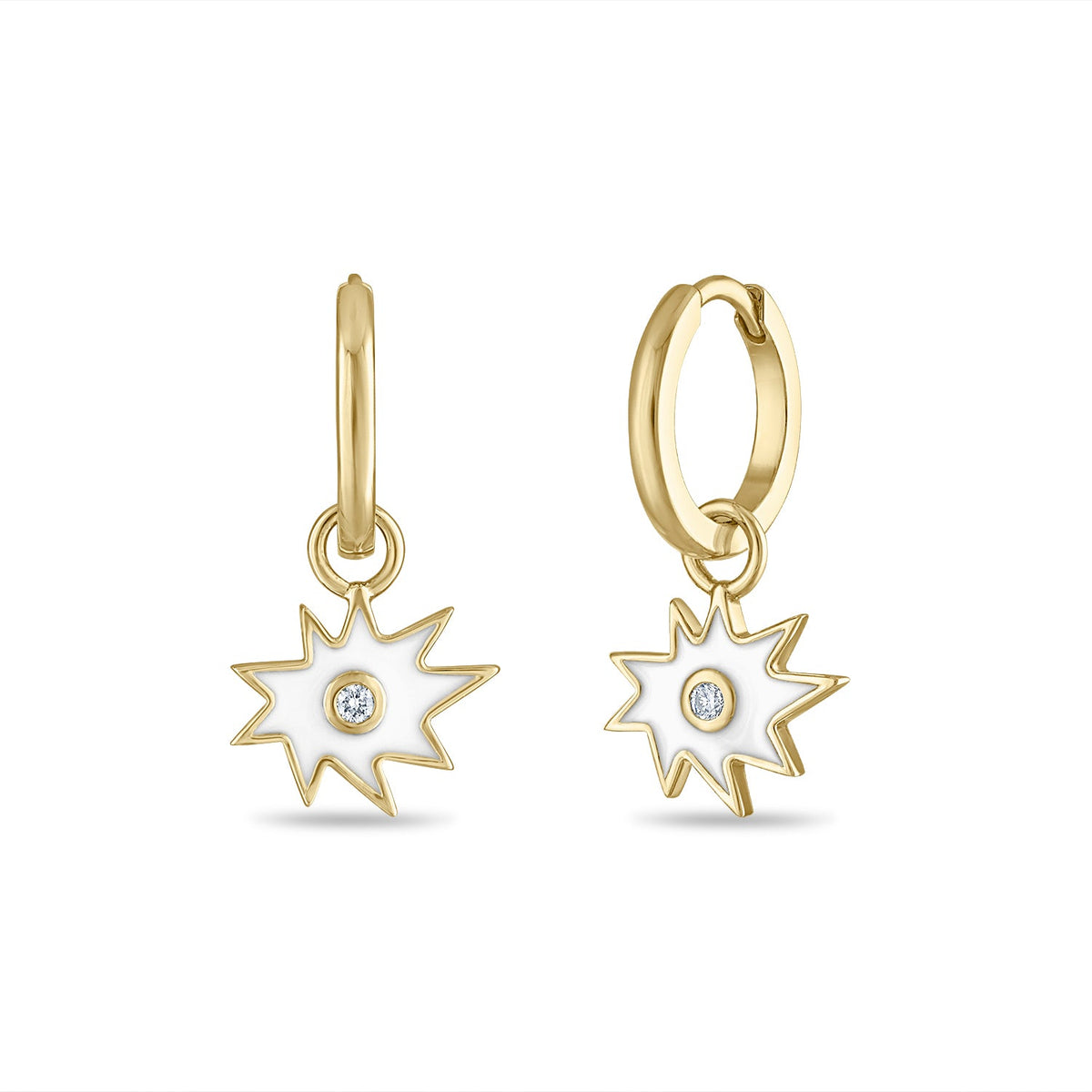 Gold Mini KAPOW! Enamel Charm with Center Diamond Huggies in White