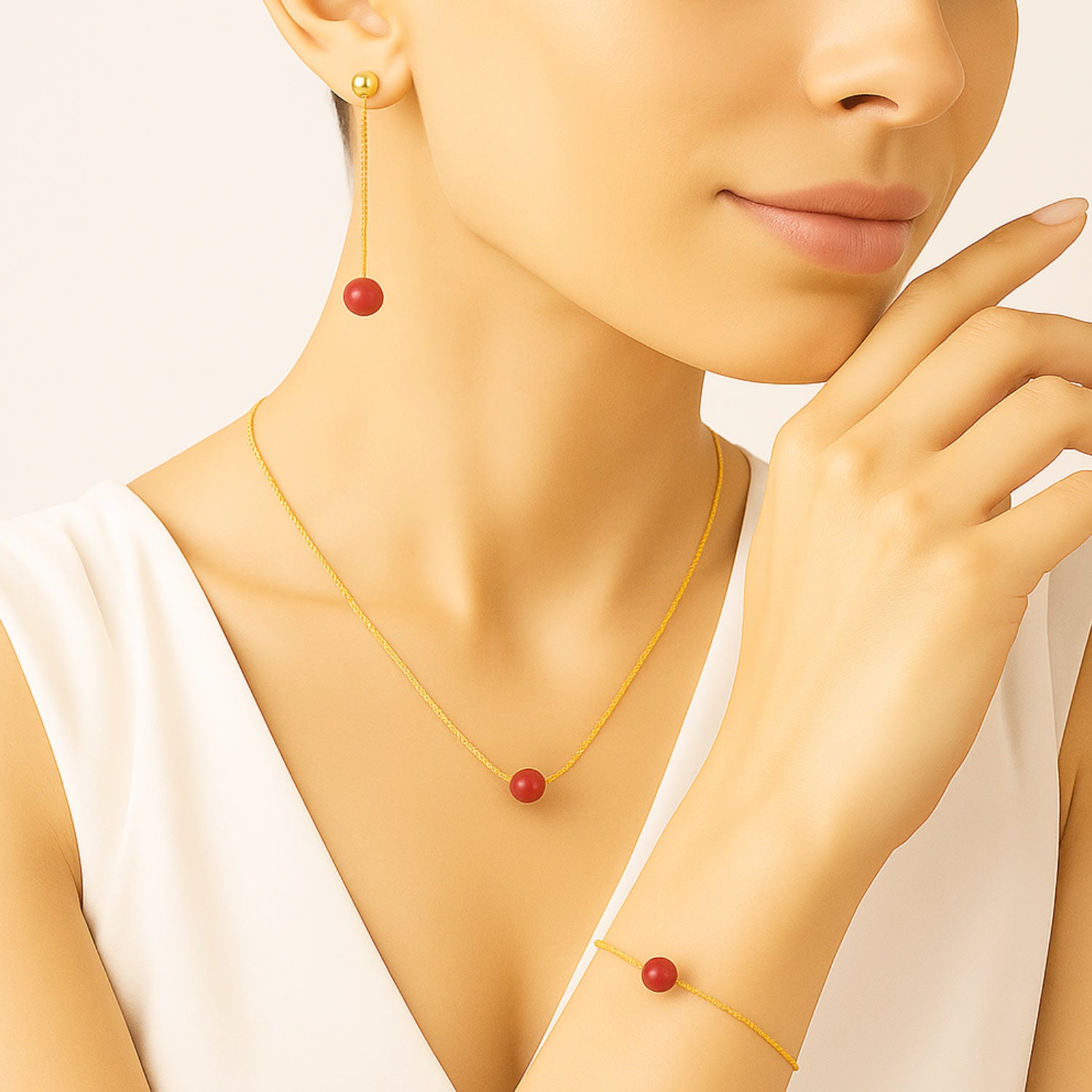 Minimal Gold-Plated Dangling Earrings In Sterling Silver With Natural Coral Bead