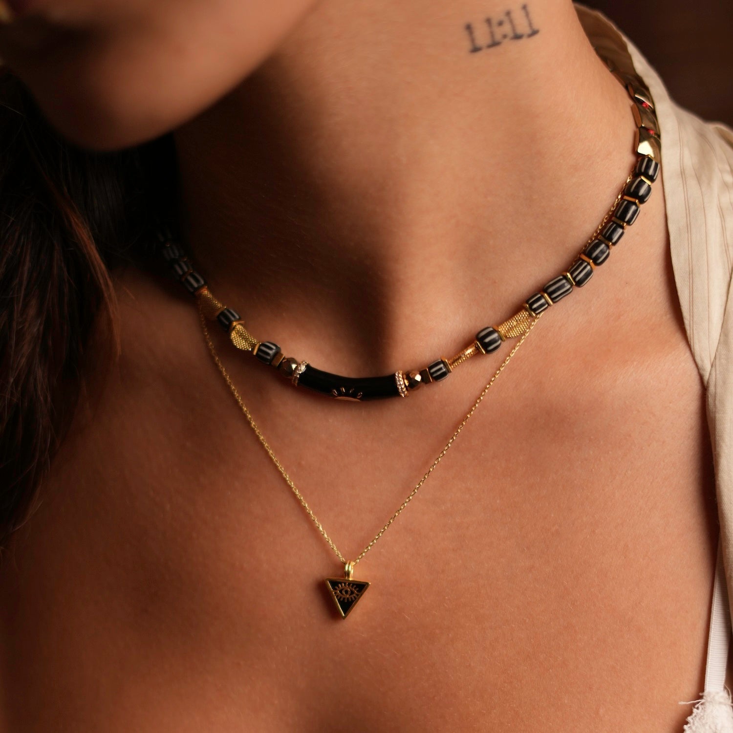 Black Onyx & Gold Triangle Pendant Evil Eye Talisman Necklace - Black