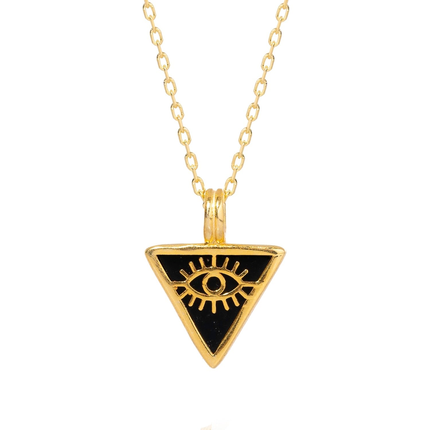 Black Onyx & Gold Triangle Pendant Evil Eye Talisman Necklace - Black