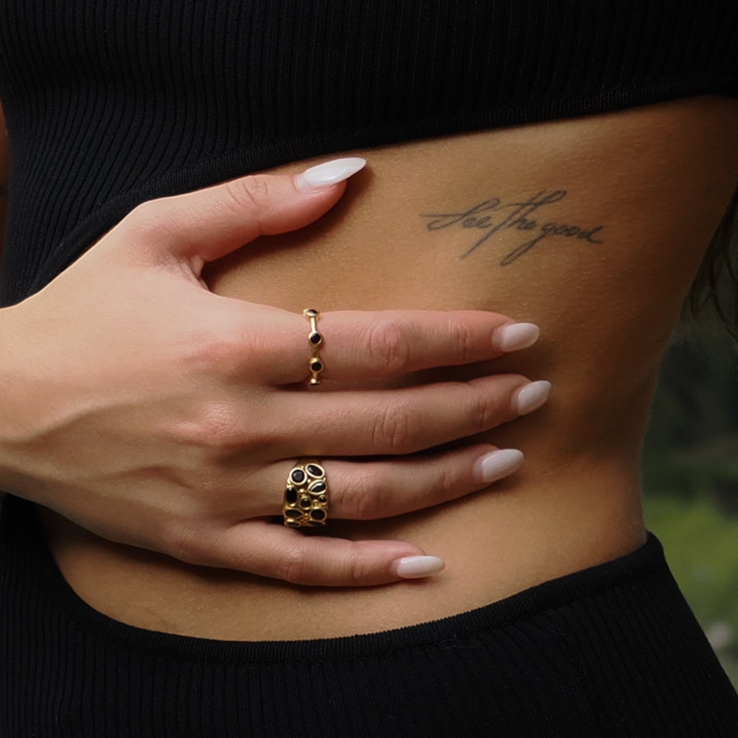 Minimalist Black Onyx Stone & Gold Stackable Ring - Black