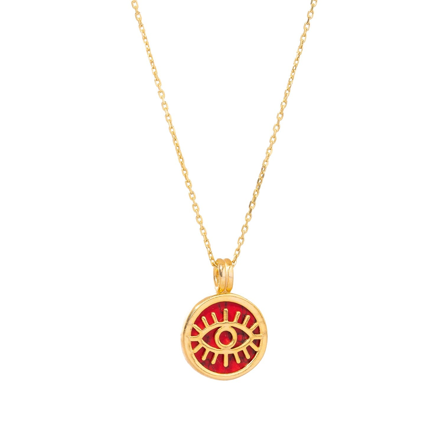 Coral & Gold Round Evil Eye Pendant Talisman Necklace - Red
