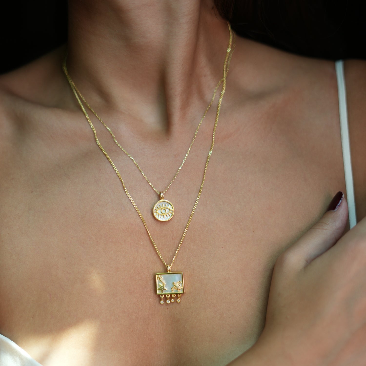 Pearl & Gold Round Evil Eye Pendant Talisman Necklace - White