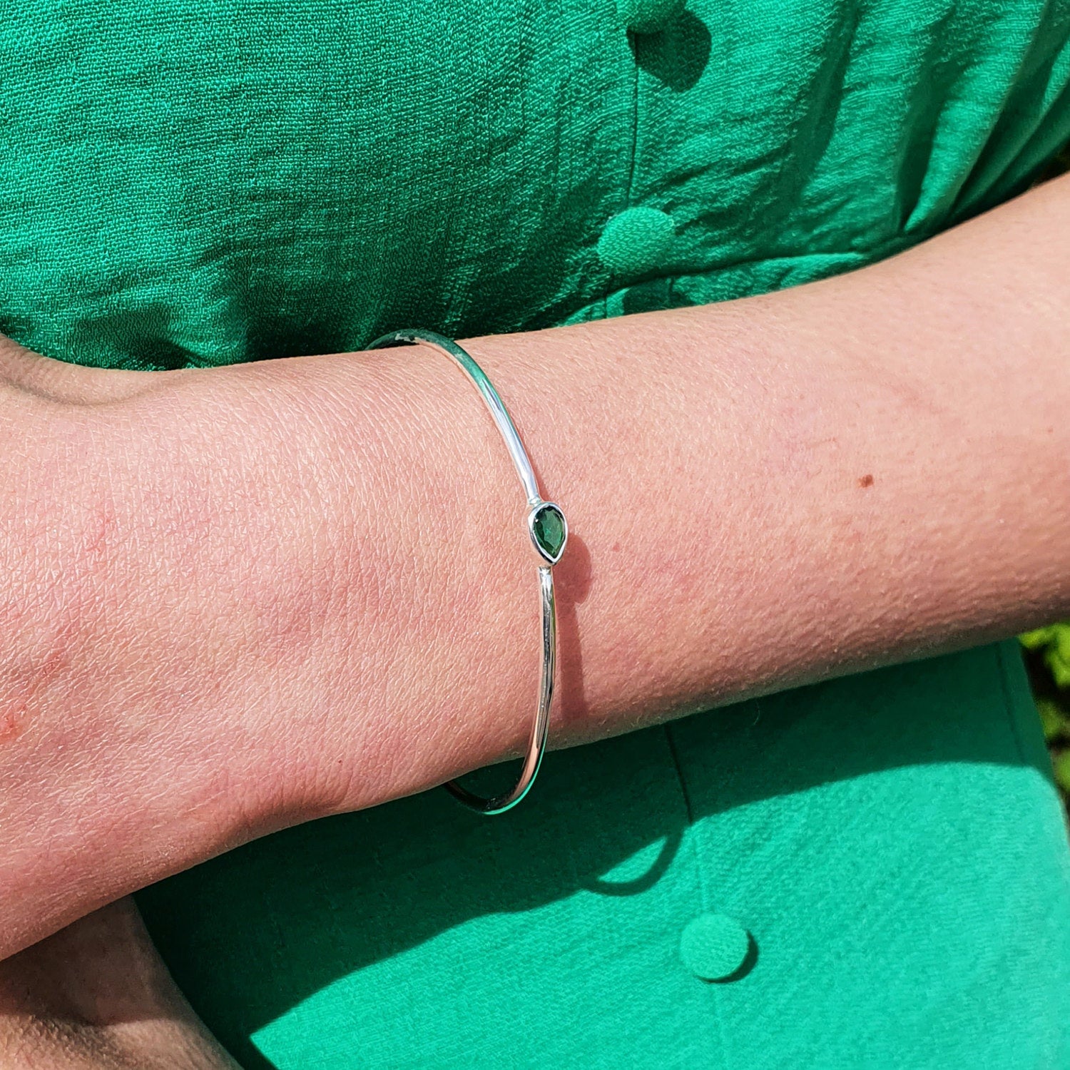 Minimalist Sterling Silver Emerald May Birthstone Bangle Bracelet