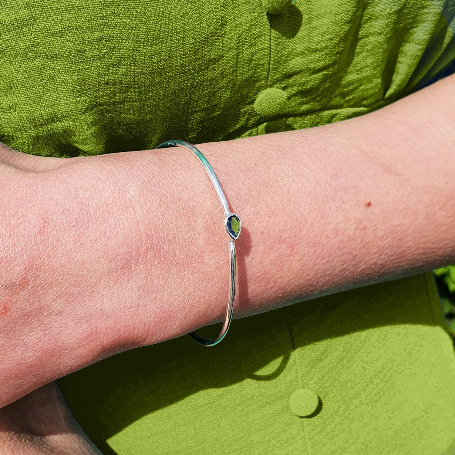 Minimalist Sterling Silver Peridot August Birthstone Bangle Bracelet