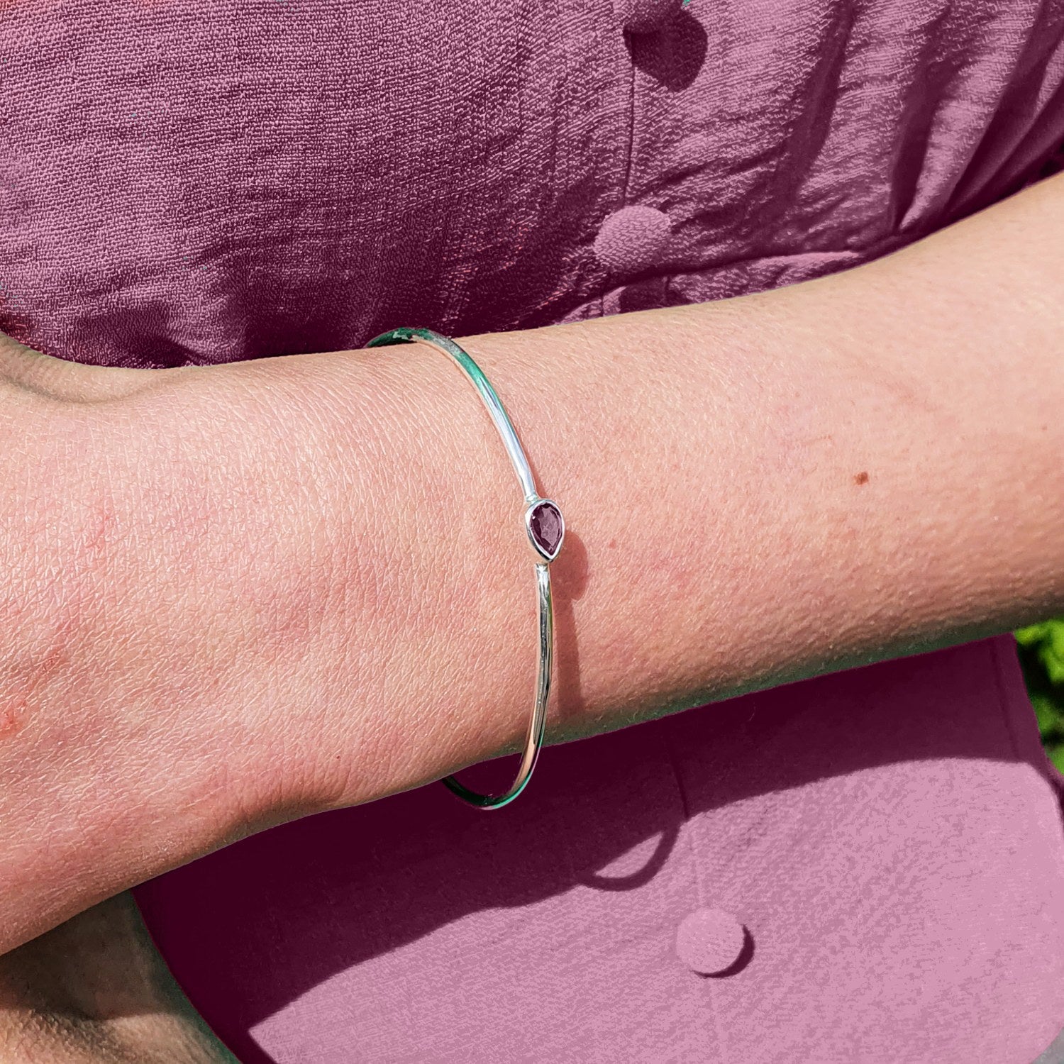 Minimalist Sterling Silver Ruby July Birthstone Bangle Bracelet