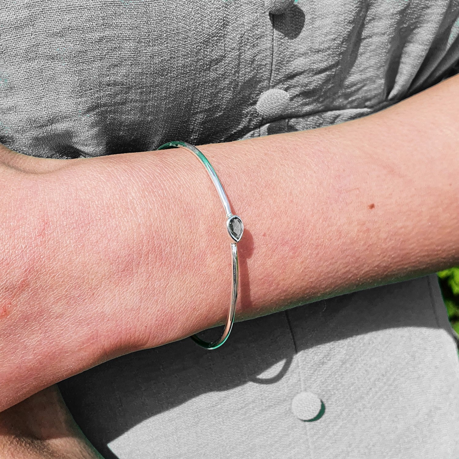 Minimalist Sterling Silver White Topaz April Birthstone Bangle Bracelet