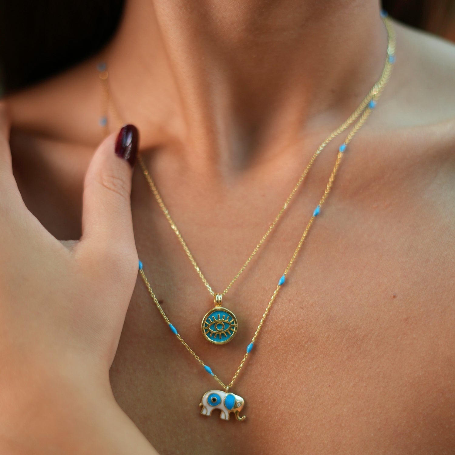 Turquoise & Gold Round Evil Eye Pendant Talisman Necklace - Turquoise