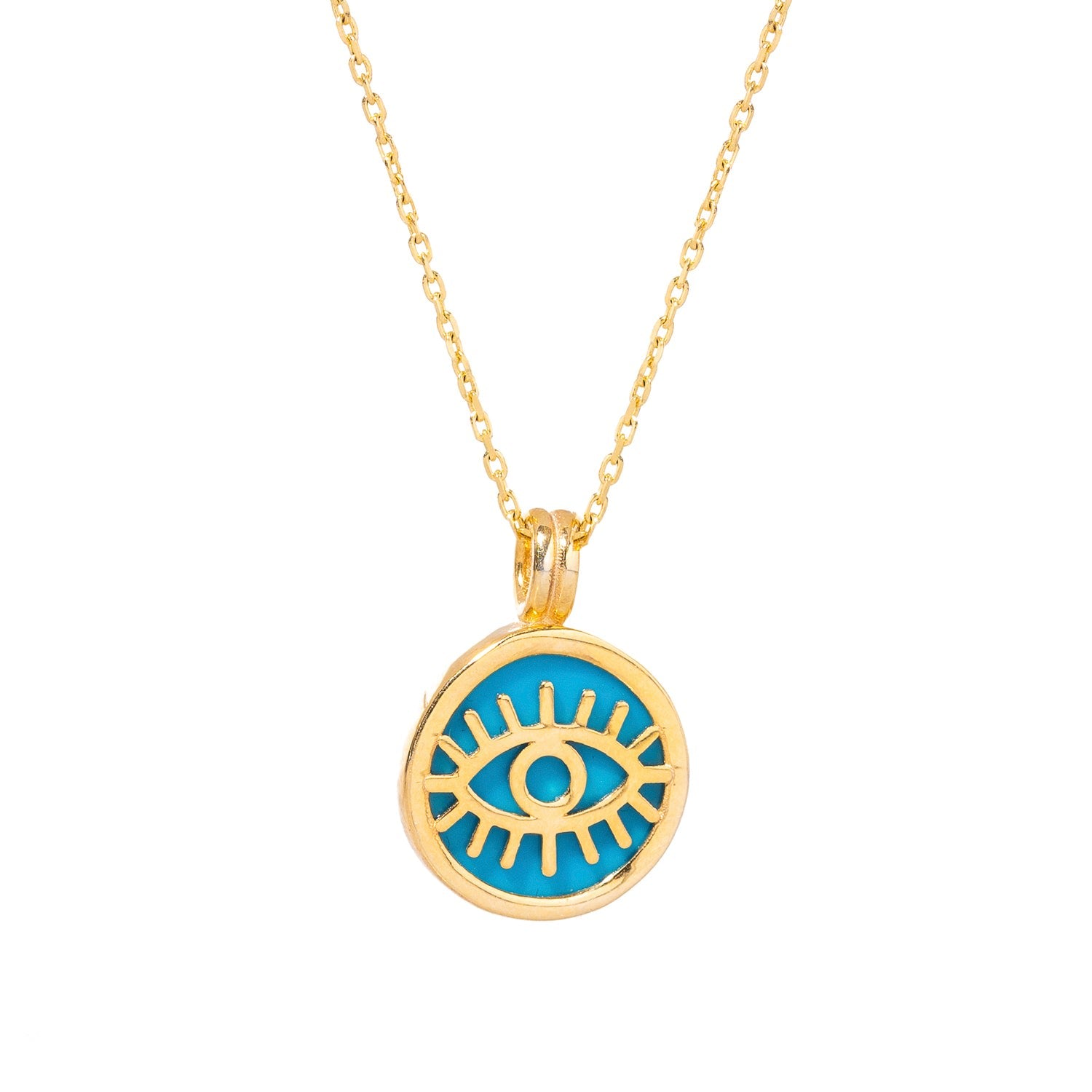 Turquoise & Gold Round Evil Eye Pendant Talisman Necklace - Turquoise