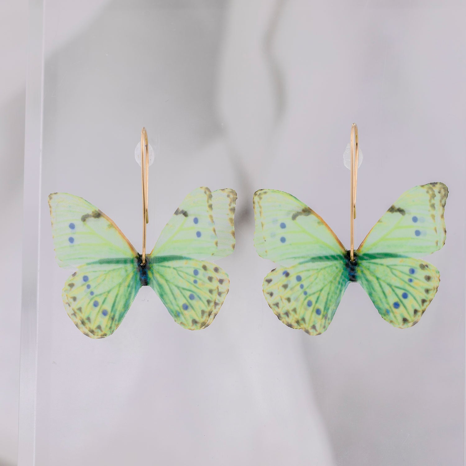 Mint Green Silk Butterfly Gold Earwires Dangle Earrings