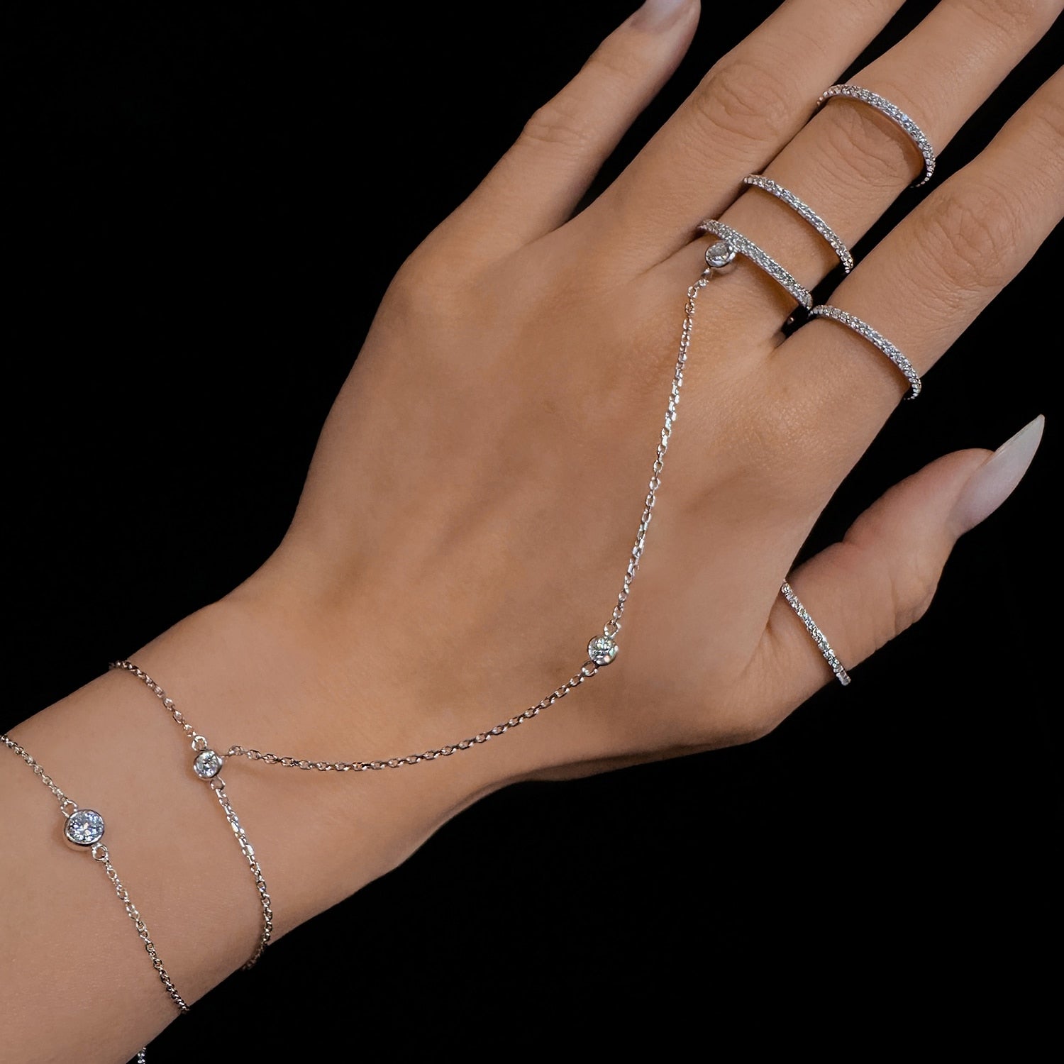 Minx Hand Chain With Man Made Cz Diamond Stimulant In Sterling Silver