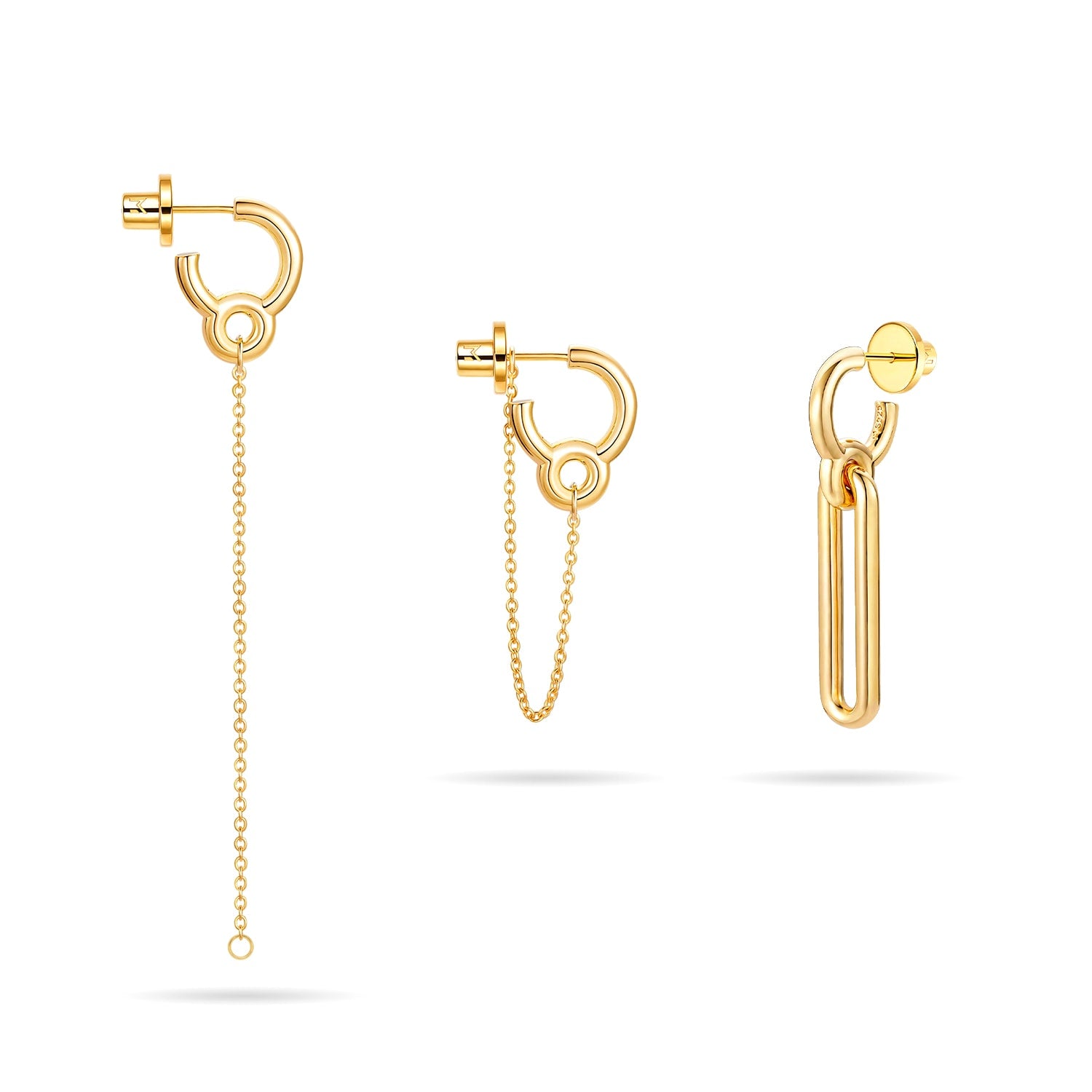 Mismatched Geometric Link Earrings - Gold