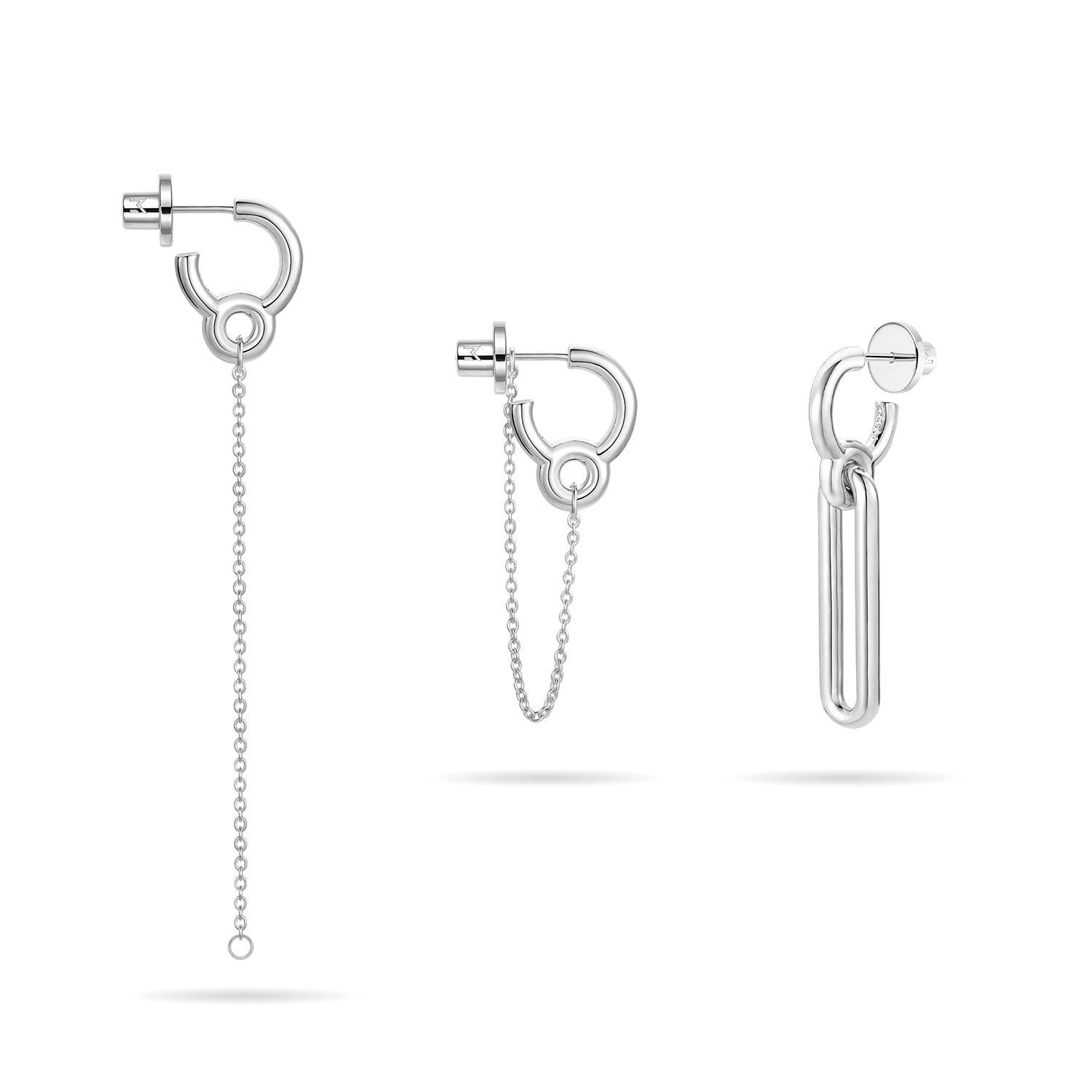 Mismatched Geometric Link Earrings - Silver