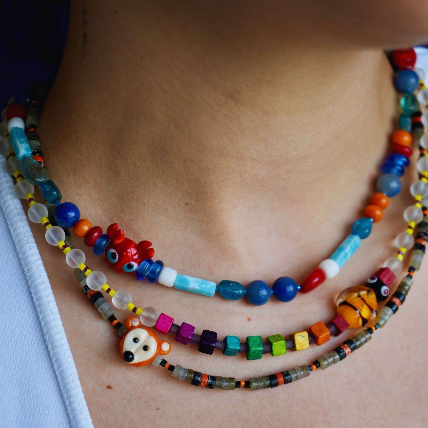 Foxy – Playful Orange & Black Gemstone Necklace With Murano Glass Fox Charm