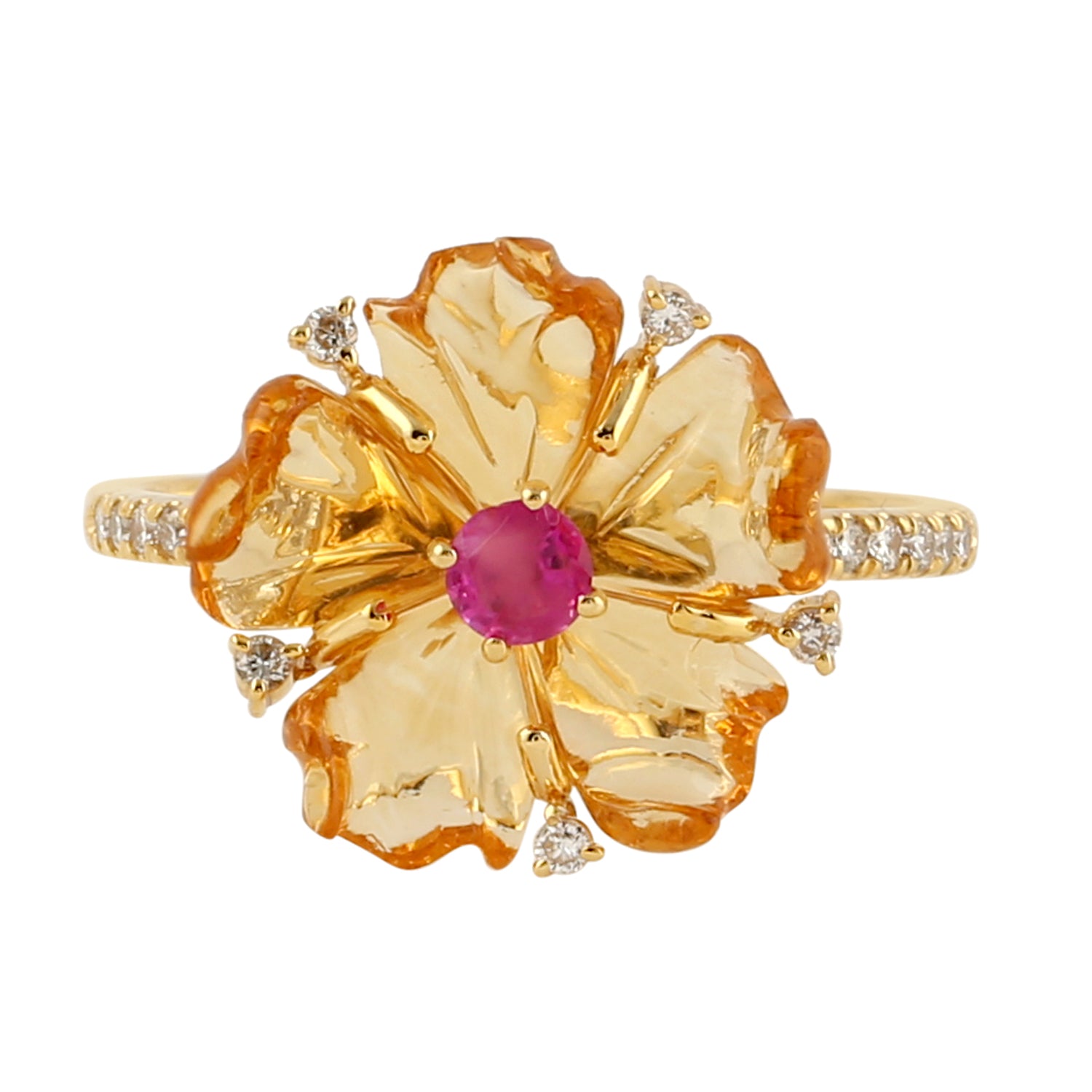 Mix Stone Ruby 18k Yellow Gold Rings Natural Diamond Flower Design