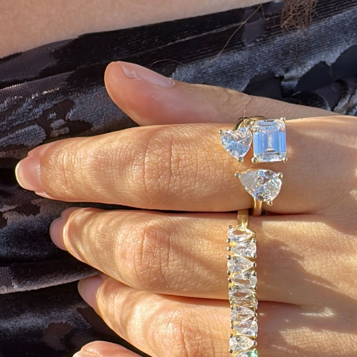 Mixed Shape Three Stone Open Ring - Gold