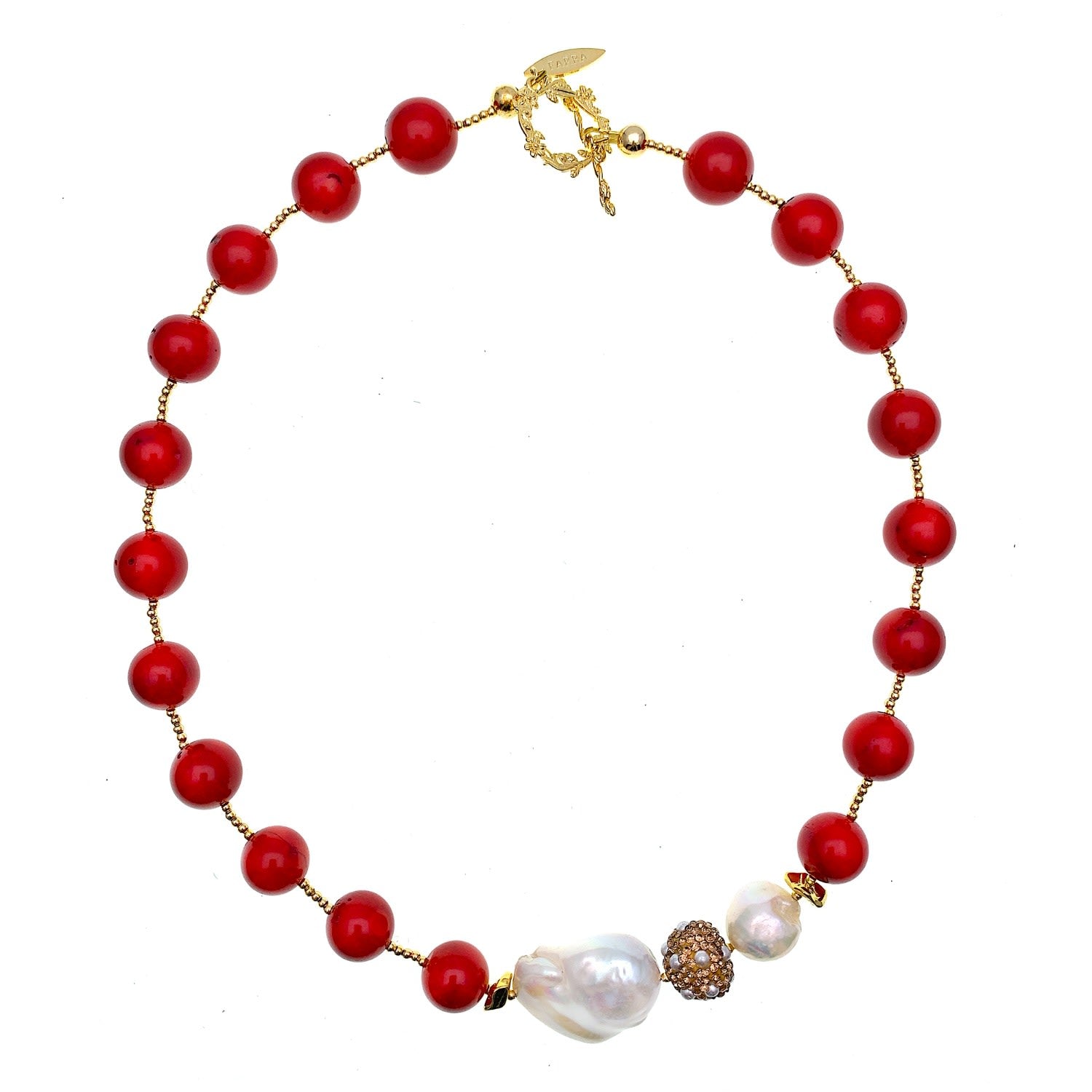 Red Corals With Baroque Pearl & Rhinestone Statement Necklace