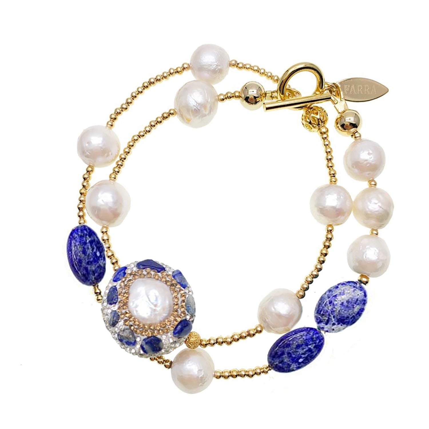 Double Layers Pearls And Lapis Rhinestone Bracelet