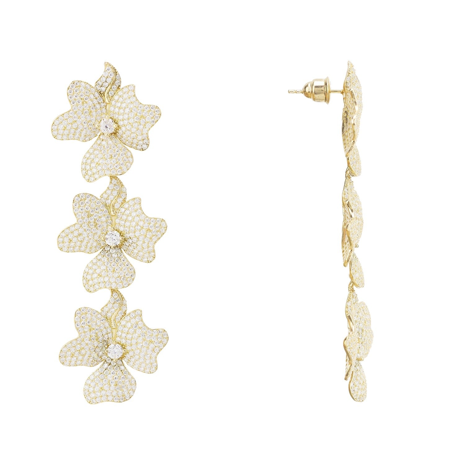 Jasmine Flower Triple Drop Earrings Gold