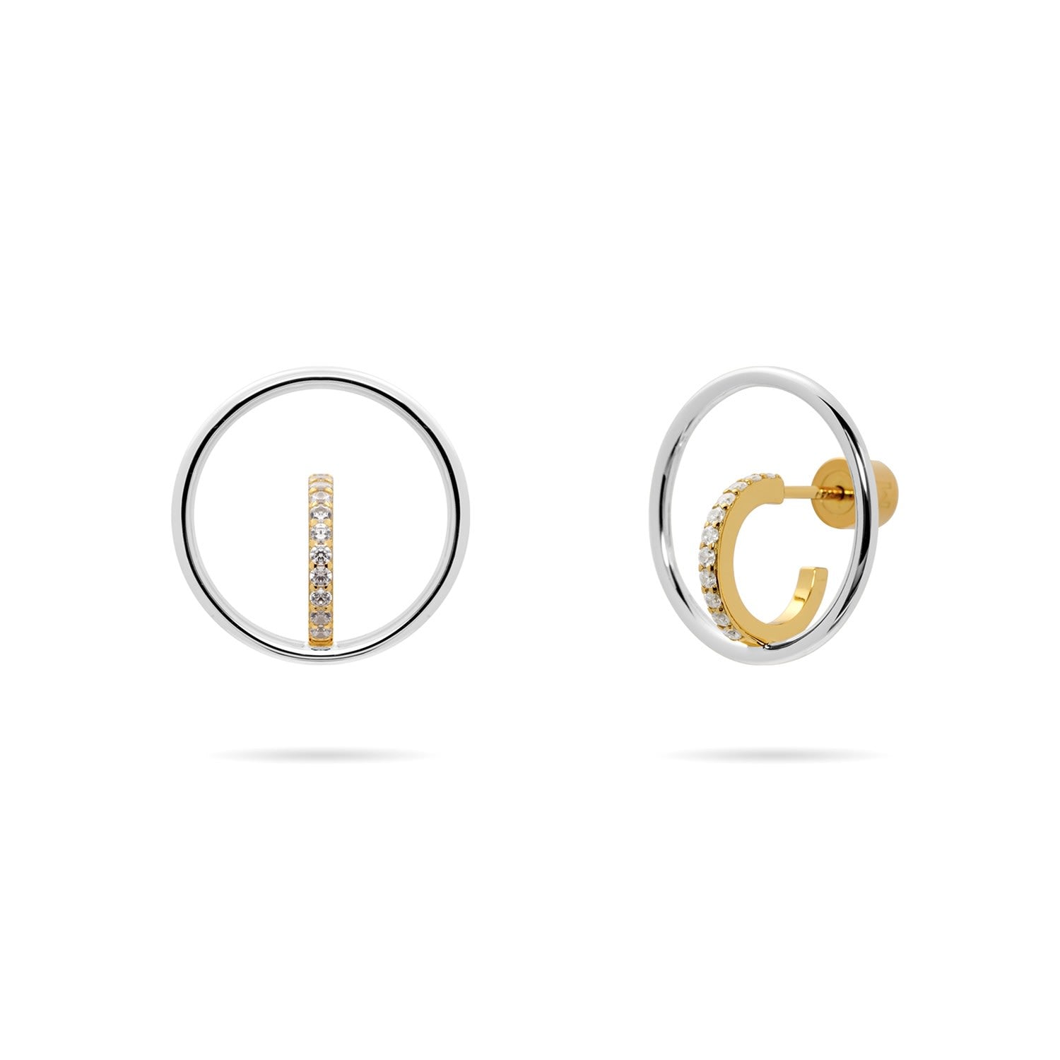 Gold And Silver Bi-Color Hoop And Huggie Cz Earrings - Silver Hoop, Gold Huggie