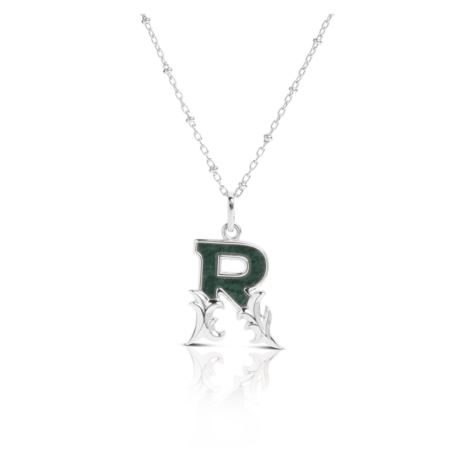 Solid Silver R Initial Necklace With Green Marble