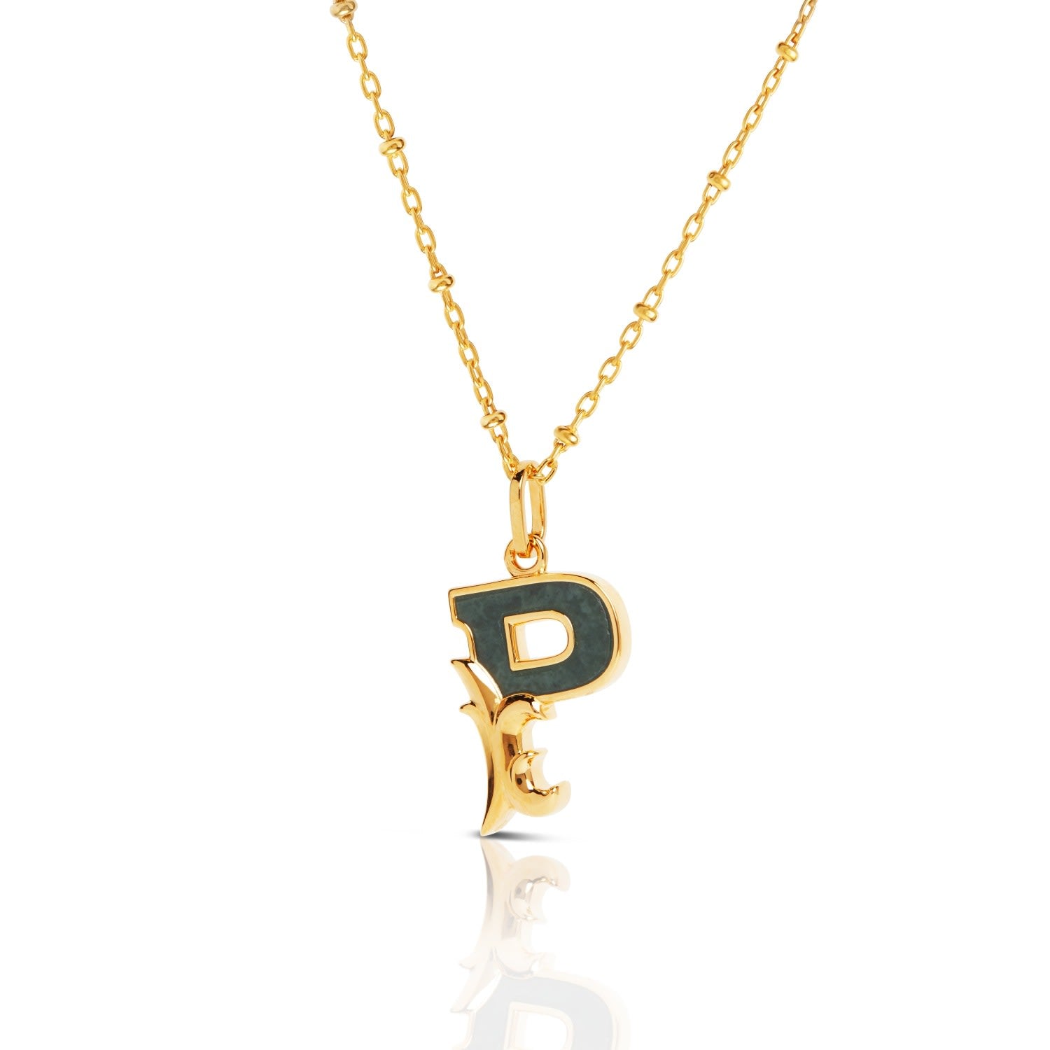 Gold Plated P Initial Necklace With Green Marble