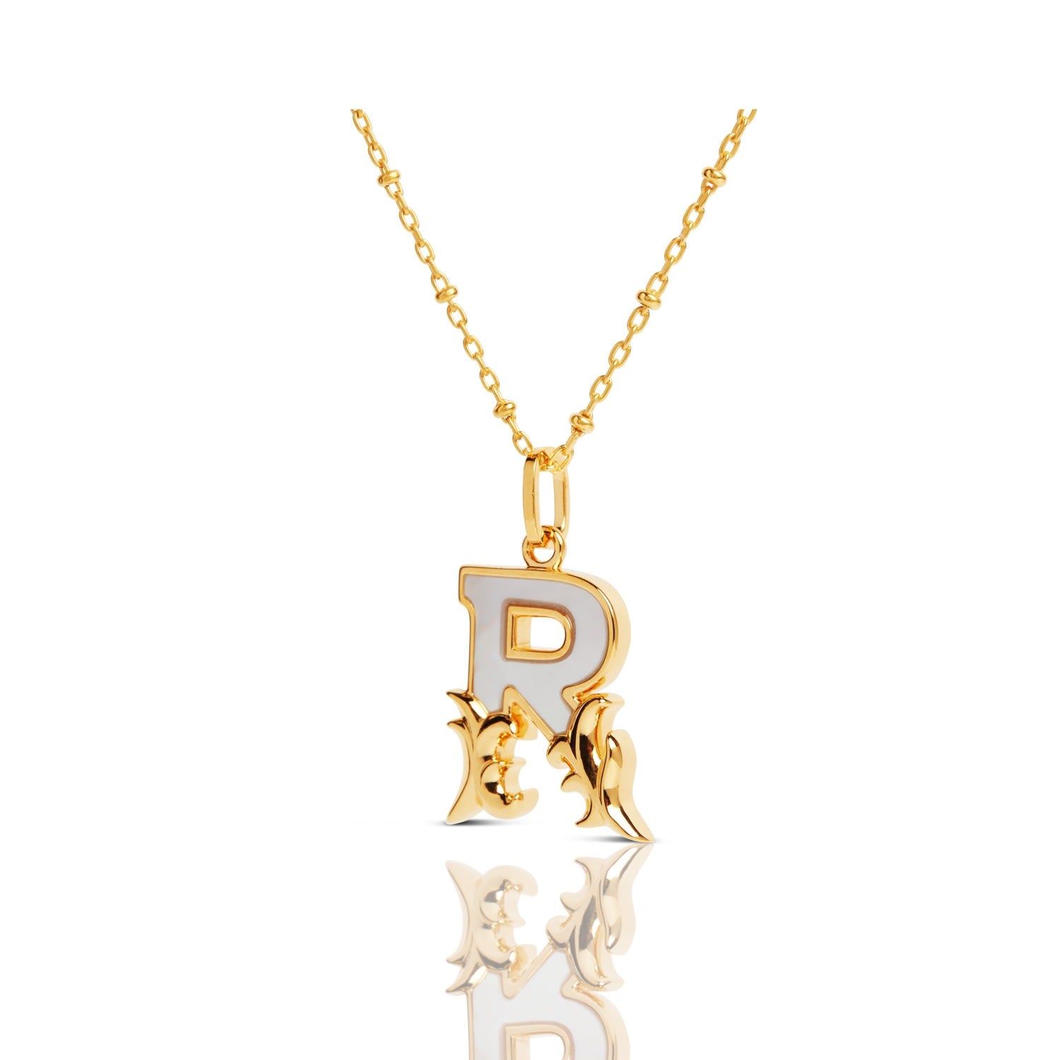 Gold Plated R Initial Necklace With Mother Of Pearl