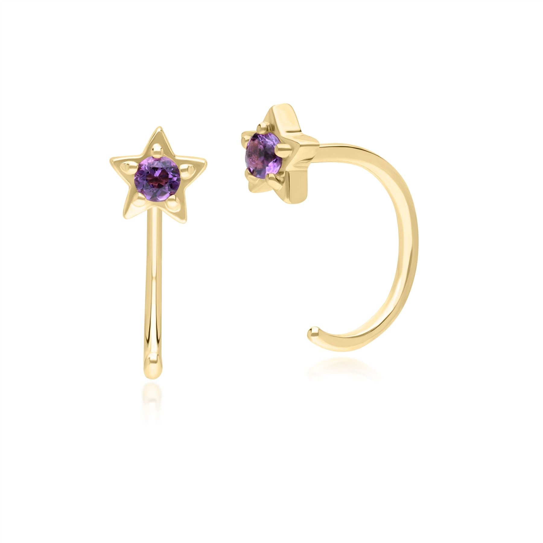Amethyst Pull Through Hoop Star Earrings In Yellow Gold
