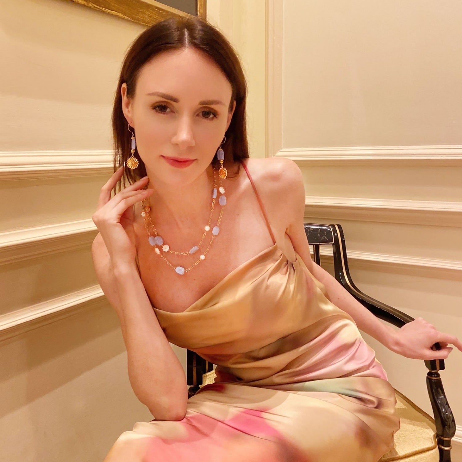 Blue Lace Agate With Sunflower Shell & Rhinestones Multi-Way Chain Necklace