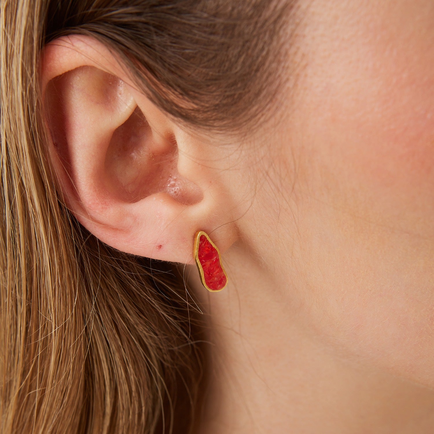 Molten Dripping Coral & Amber Sterling Silver Gold Plated Earring - Coral