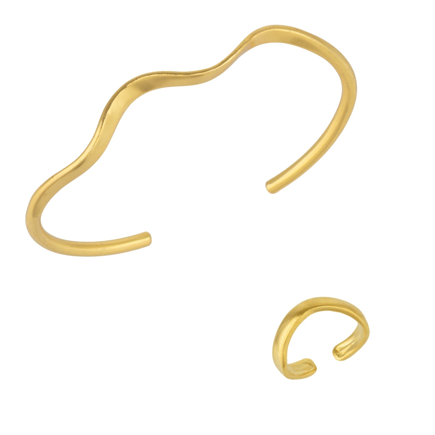 Molten Wavy Cuff Bangle Gold Bracelet & Elegance Gold Wavy Ring Set